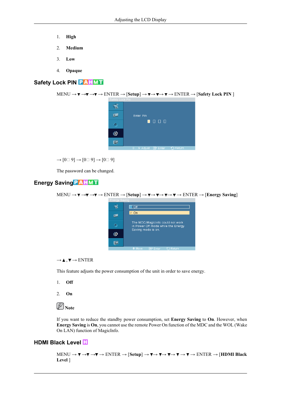 Safety lock pin, Energy saving, Hdmi black level | Samsung 400CXN User Manual | Page 66 / 132