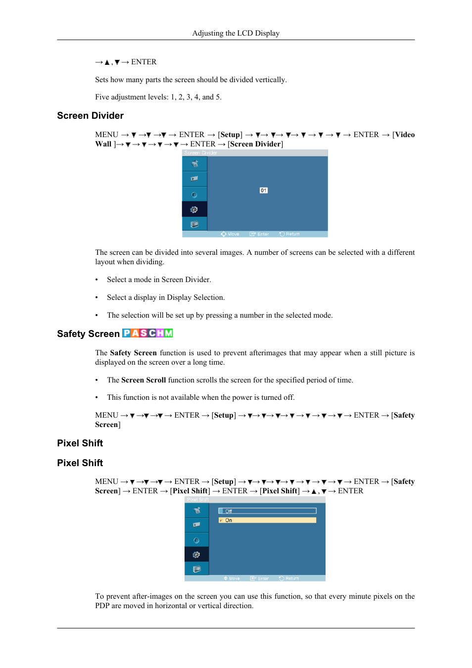 Screen divider, Safety screen, Pixel shift | Samsung 400CXN User Manual | Page 69 / 132