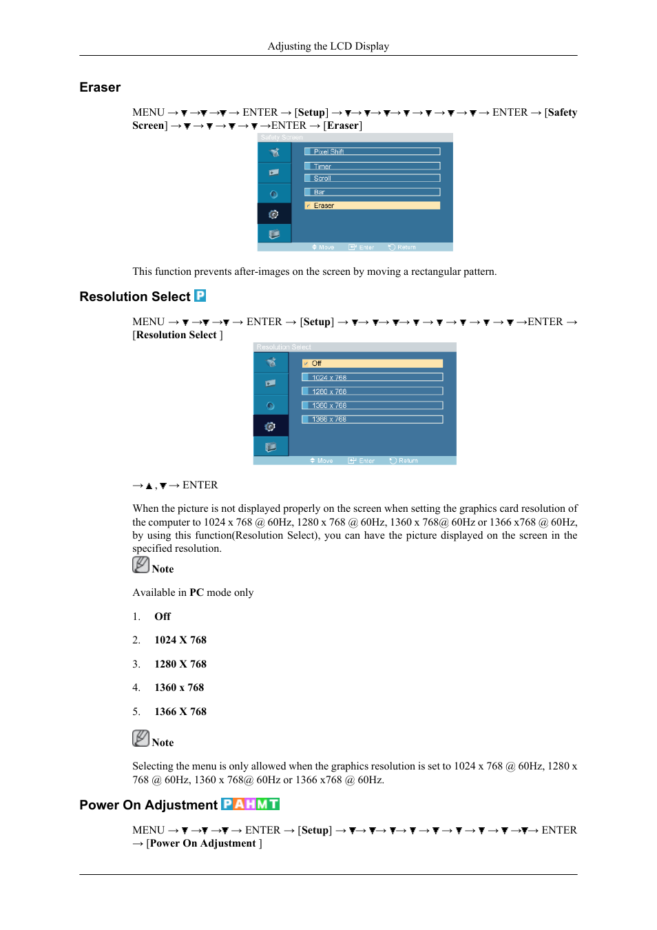 Eraser, Resolution select, Power on adjustment | Samsung 400CXN User Manual | Page 73 / 132