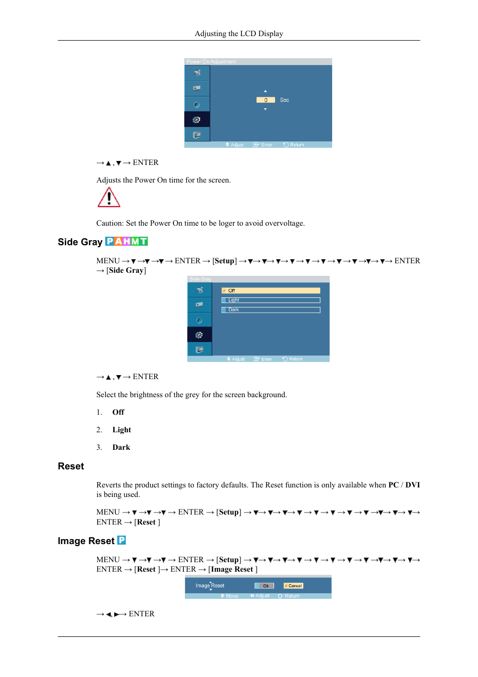 Side gray, Reset, Image reset | Samsung 400CXN User Manual | Page 74 / 132