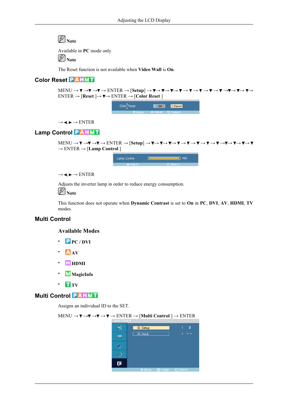 Color reset, Lamp control, Multi control | Samsung 400CXN User Manual | Page 75 / 132