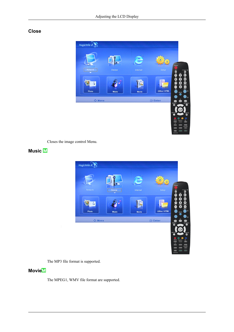 Close, Music, Movie | Samsung 400CXN User Manual | Page 80 / 132