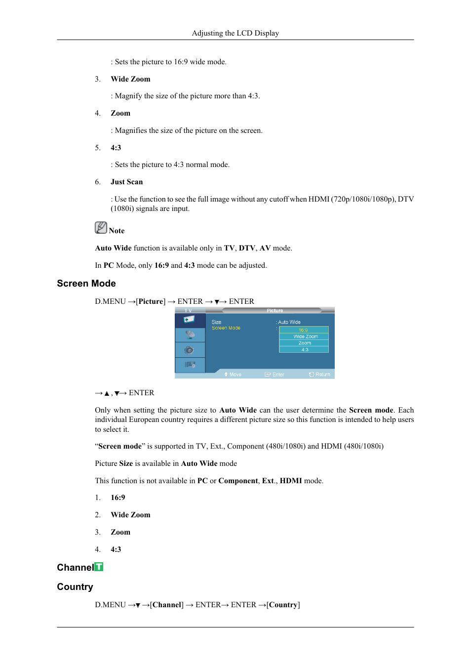 Screen mode, Channel, Country | Samsung 400CXN User Manual | Page 87 / 132