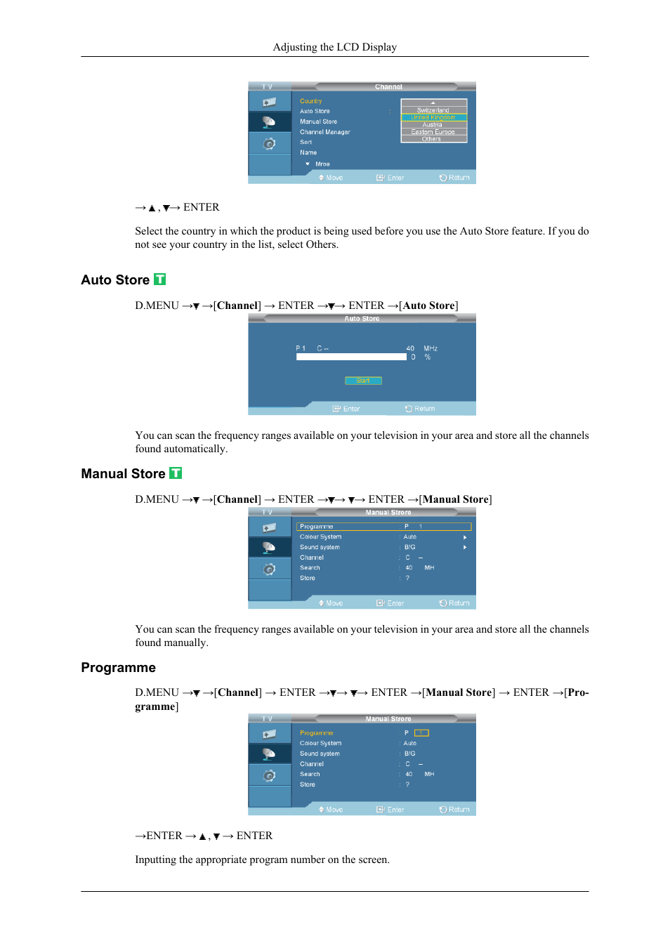 Auto store, Manual store, Programme | Samsung 400CXN User Manual | Page 88 / 132