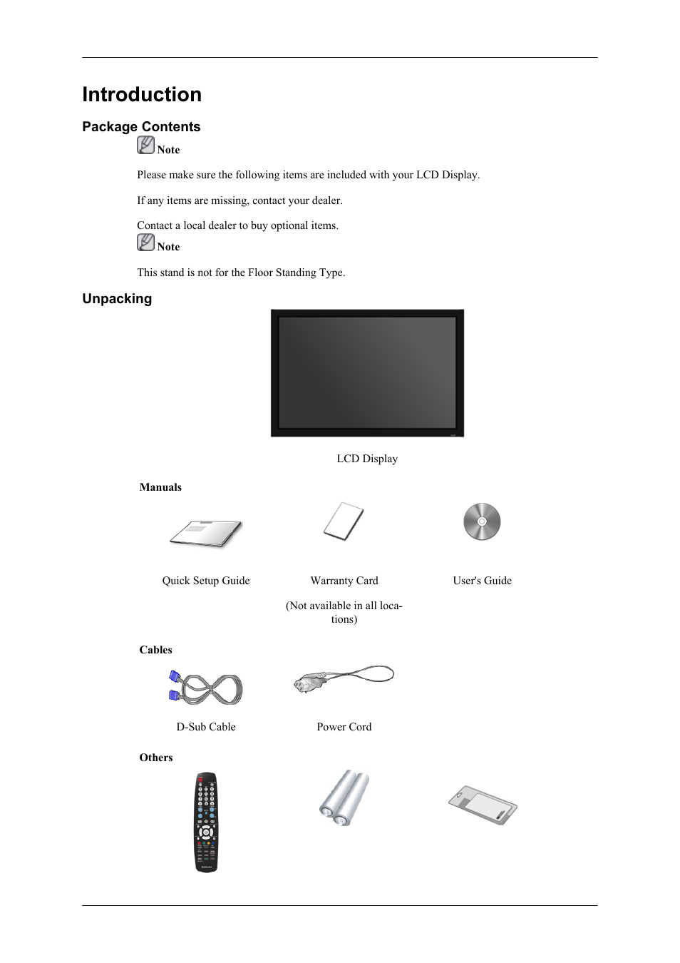 Introduction, Package contents, Unpacking | Samsung 400CXN User Manual | Page 9 / 132