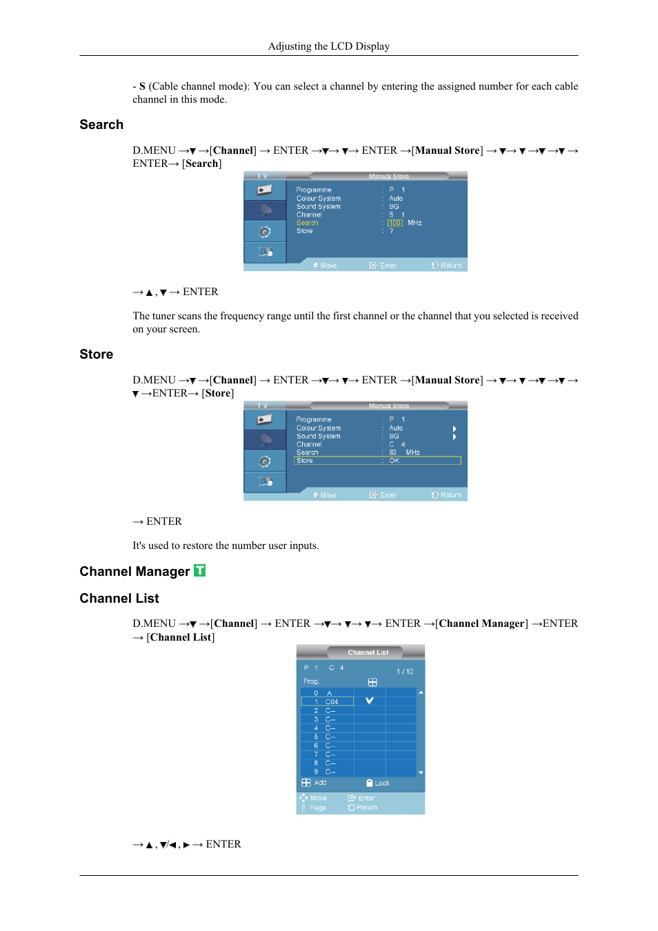 Search, Store, Channel manager | Channel list | Samsung 400CXN User Manual | Page 90 / 132