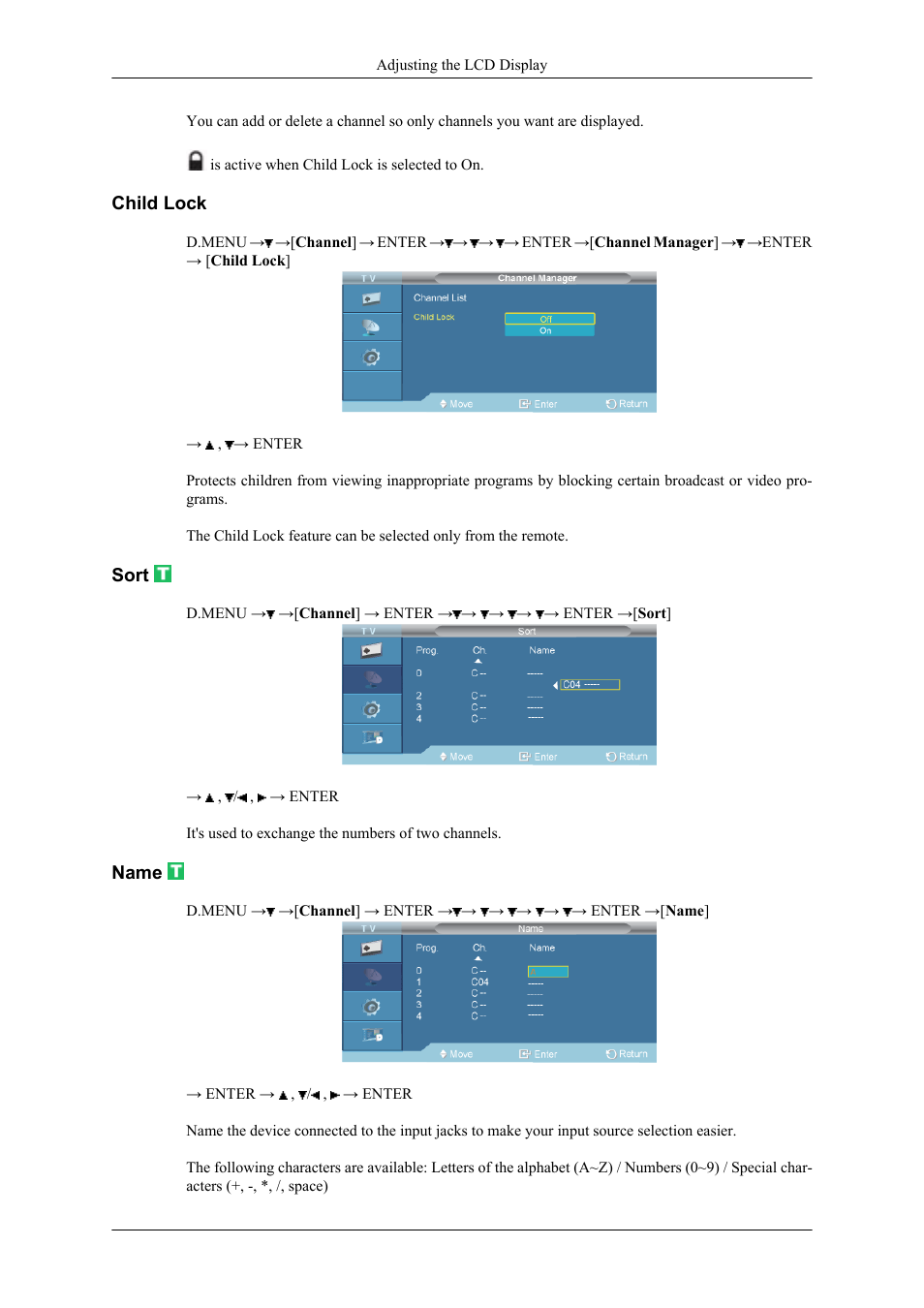 Child lock, Sort, Name | Samsung 400CXN User Manual | Page 91 / 132