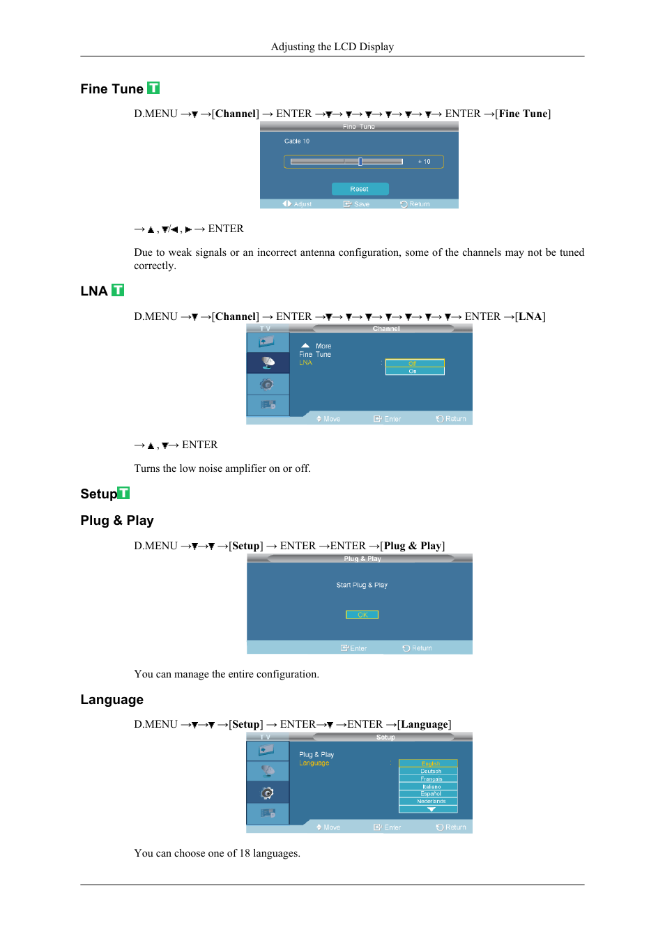 Fine tune, Setup, Plug & play | Language | Samsung 400CXN User Manual | Page 92 / 132