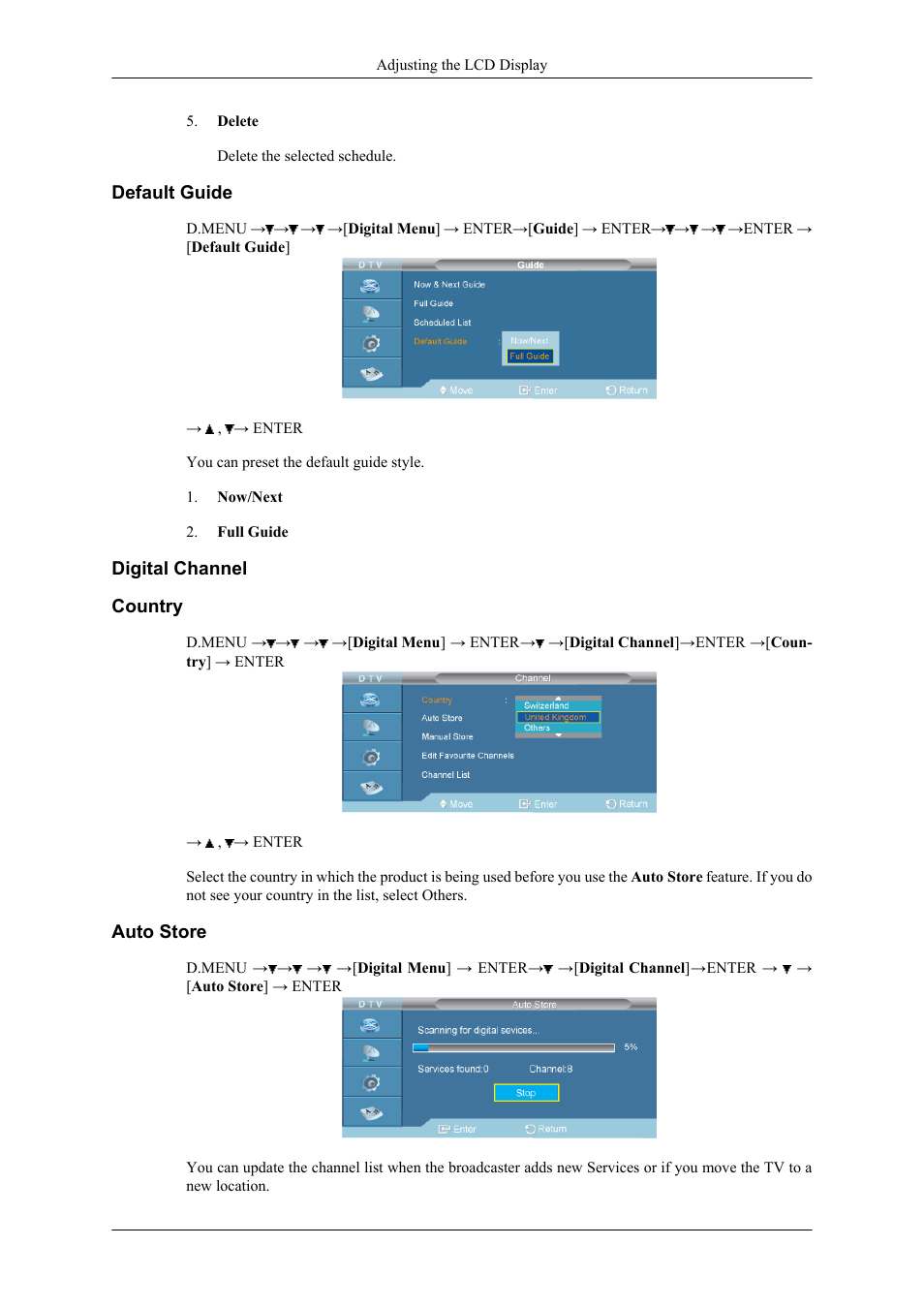 Default guide, Digital channel, Country | Auto store | Samsung 400CXN User Manual | Page 95 / 132