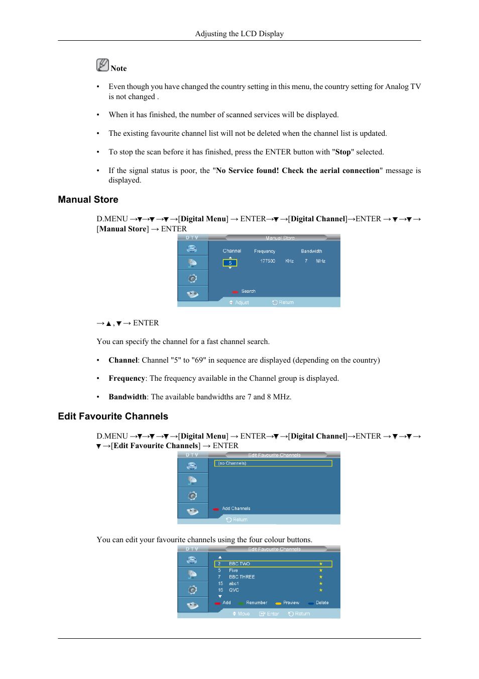 Manual store, Edit favourite channels | Samsung 400CXN User Manual | Page 96 / 132