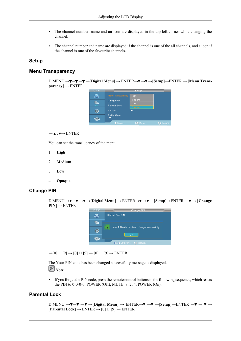 Setup, Menu transparency, Change pin | Parental lock | Samsung 400CXN User Manual | Page 99 / 132