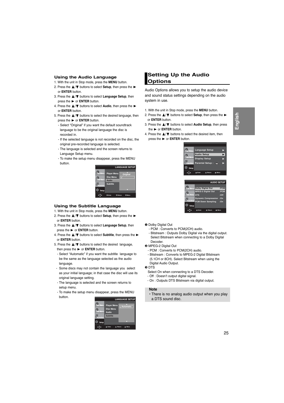English setting up the audio options, Using the subtitle language, Using the audio language | Samsung AK68-00918M User Manual | Page 60 / 68