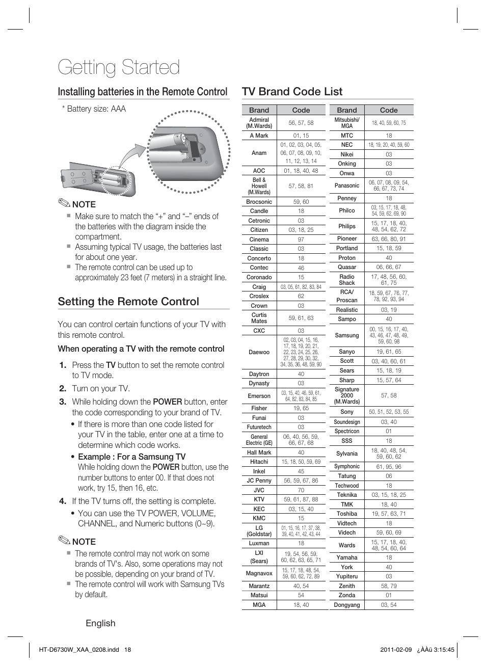 Getting started, Installing batteries in the remote control, Setting the remote control | Tv brand code list, English, Battery size: aaa | Samsung 7.1 CH BLU-RAY HT-D6730W User Manual | Page 18 / 80
