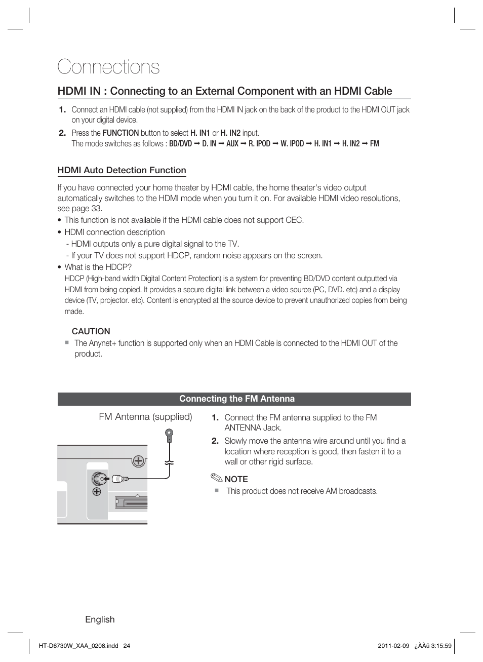 Connecting the fm antenna, Connections | Samsung 7.1 CH BLU-RAY HT-D6730W User Manual | Page 24 / 80
