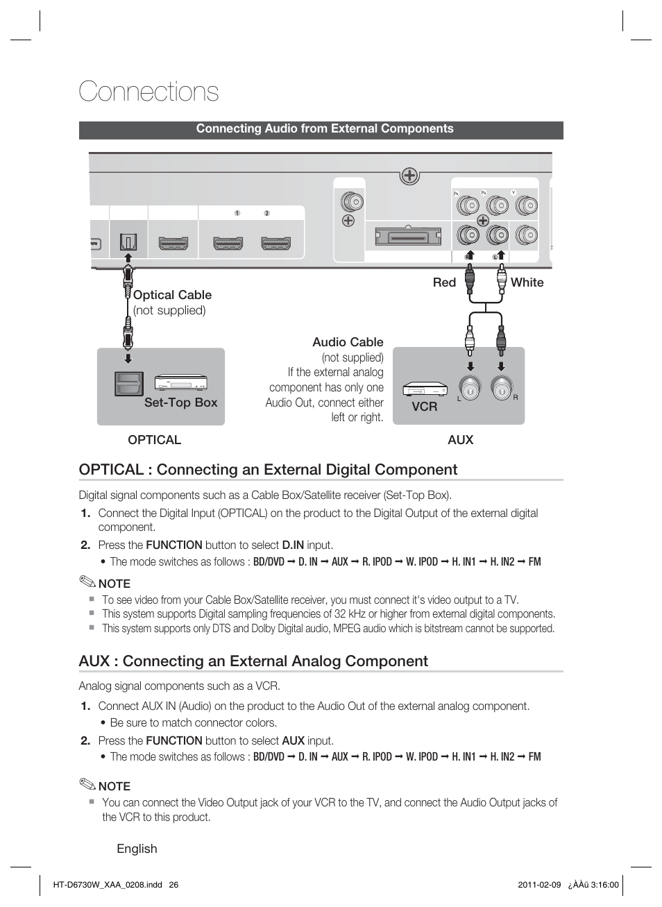 Connecting audio from external components, Connections, Optical : connecting an external digital component | Aux : connecting an external analog component | Samsung 7.1 CH BLU-RAY HT-D6730W User Manual | Page 26 / 80
