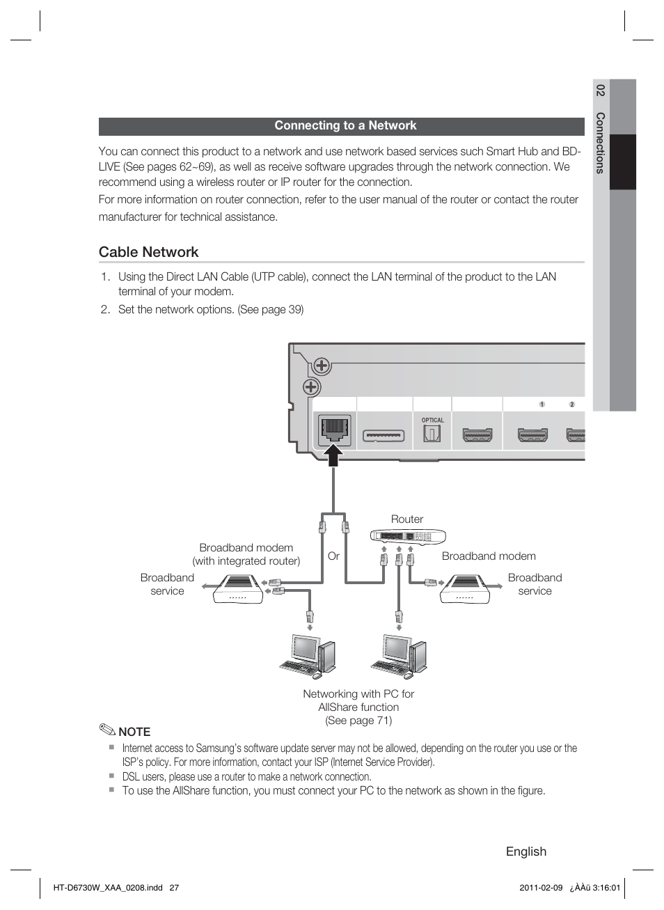 Connecting to a network, Cable network | Samsung 7.1 CH BLU-RAY HT-D6730W User Manual | Page 27 / 80