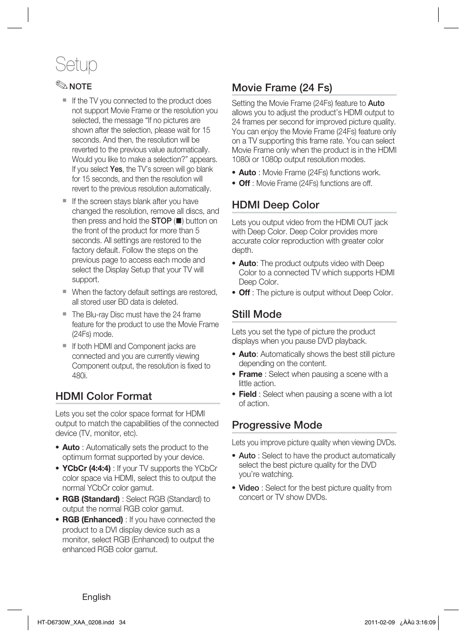 Hdmi color format, Movie frame (24 fs), Hdmi deep color | Still mode, Progressive mode, Setup | Samsung 7.1 CH BLU-RAY HT-D6730W User Manual | Page 34 / 80