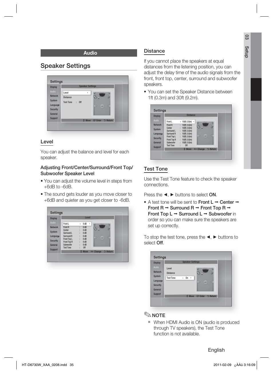 Audio, Speaker settings, English | Distance, Test tone, Level, 03 setup | Samsung 7.1 CH BLU-RAY HT-D6730W User Manual | Page 35 / 80