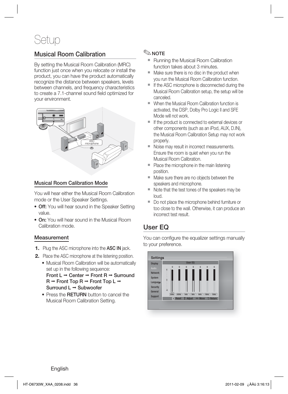 Musical room calibration, User eq, Setup | English, Musical room calibration mode, Measurement | Samsung 7.1 CH BLU-RAY HT-D6730W User Manual | Page 36 / 80