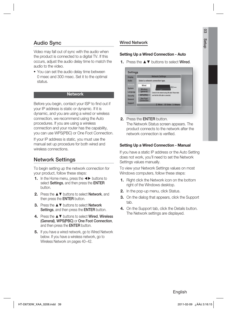 Audio sync, Network, Network settings | Samsung 7.1 CH BLU-RAY HT-D6730W User Manual | Page 39 / 80