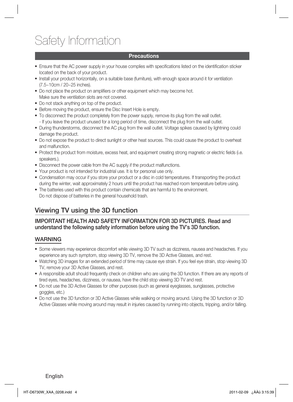 Safety information, Viewing tv using the 3d function | Samsung 7.1 CH BLU-RAY HT-D6730W User Manual | Page 4 / 80