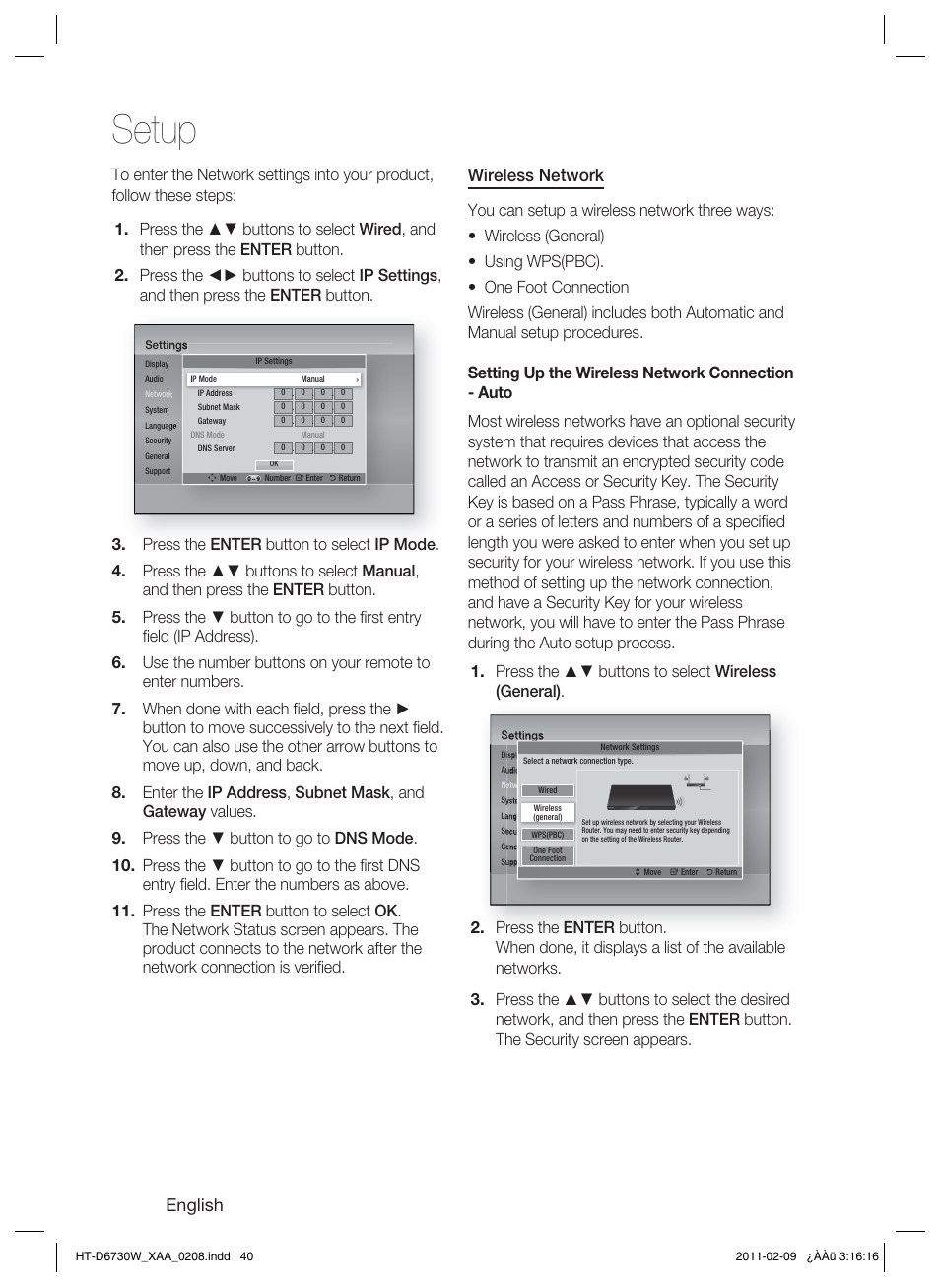 Setup, English, Wireless network | Samsung 7.1 CH BLU-RAY HT-D6730W User Manual | Page 40 / 80