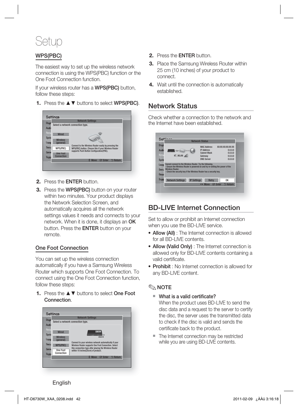Network status, Bd-live internet connection, Setup | English, Wps(pbc), One foot connection | Samsung 7.1 CH BLU-RAY HT-D6730W User Manual | Page 42 / 80