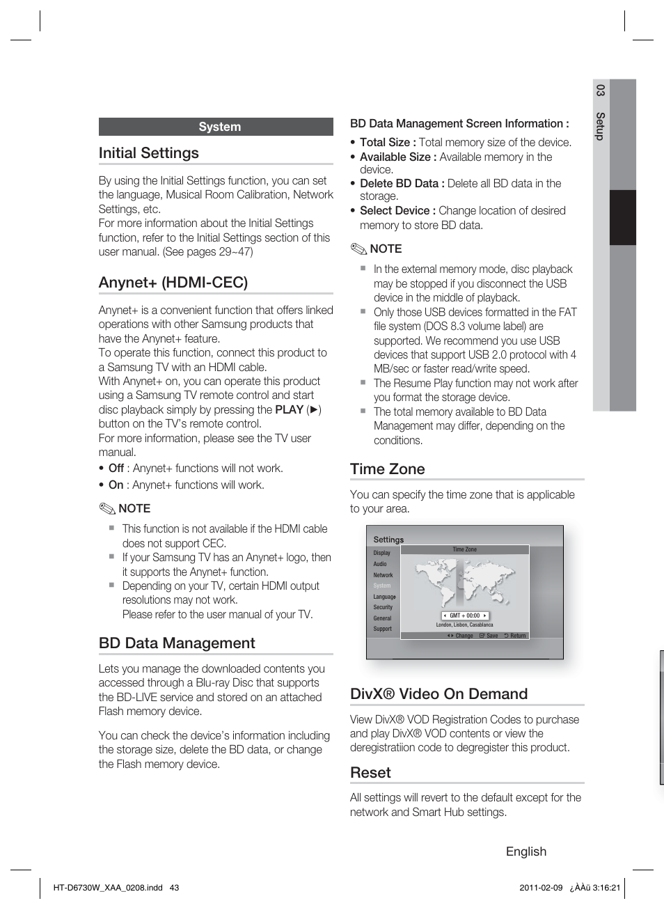 System, Initial settings, Anynet+ (hdmi-cec) | Bd data management, Time zone, Divx® video on demand, Reset | Samsung 7.1 CH BLU-RAY HT-D6730W User Manual | Page 43 / 80