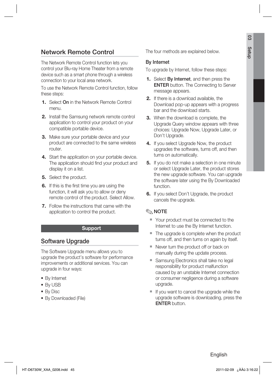 Network remote control, Support, Software upgrade | Samsung 7.1 CH BLU-RAY HT-D6730W User Manual | Page 45 / 80