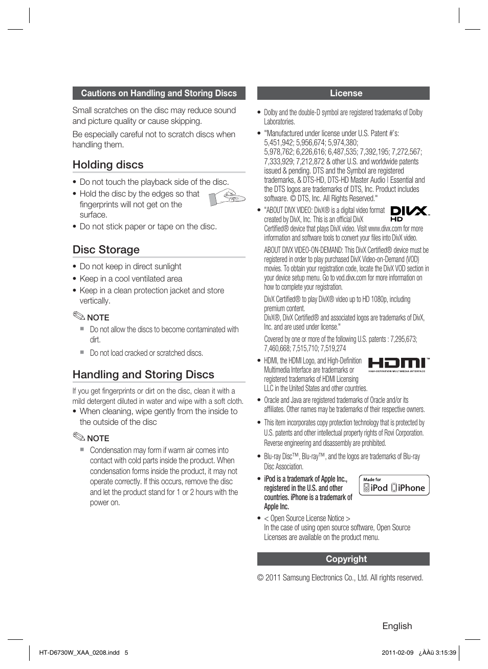 Holding discs, Disc storage, Handling and storing discs | Samsung 7.1 CH BLU-RAY HT-D6730W User Manual | Page 5 / 80