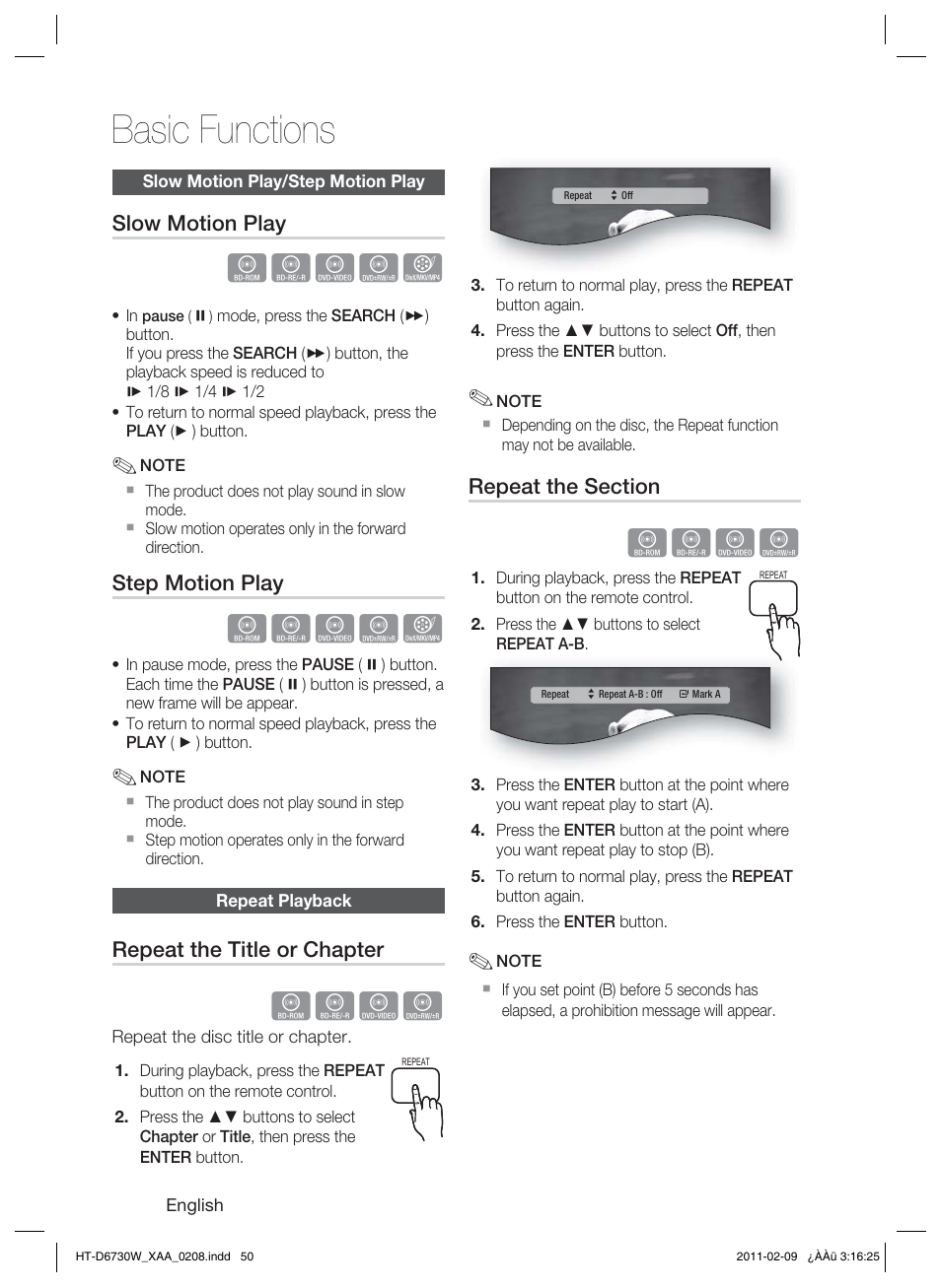 Slow motion play/step motion play, Repeat playback, Basic functions | Hzzyx, Hzzy | Samsung 7.1 CH BLU-RAY HT-D6730W User Manual | Page 50 / 80