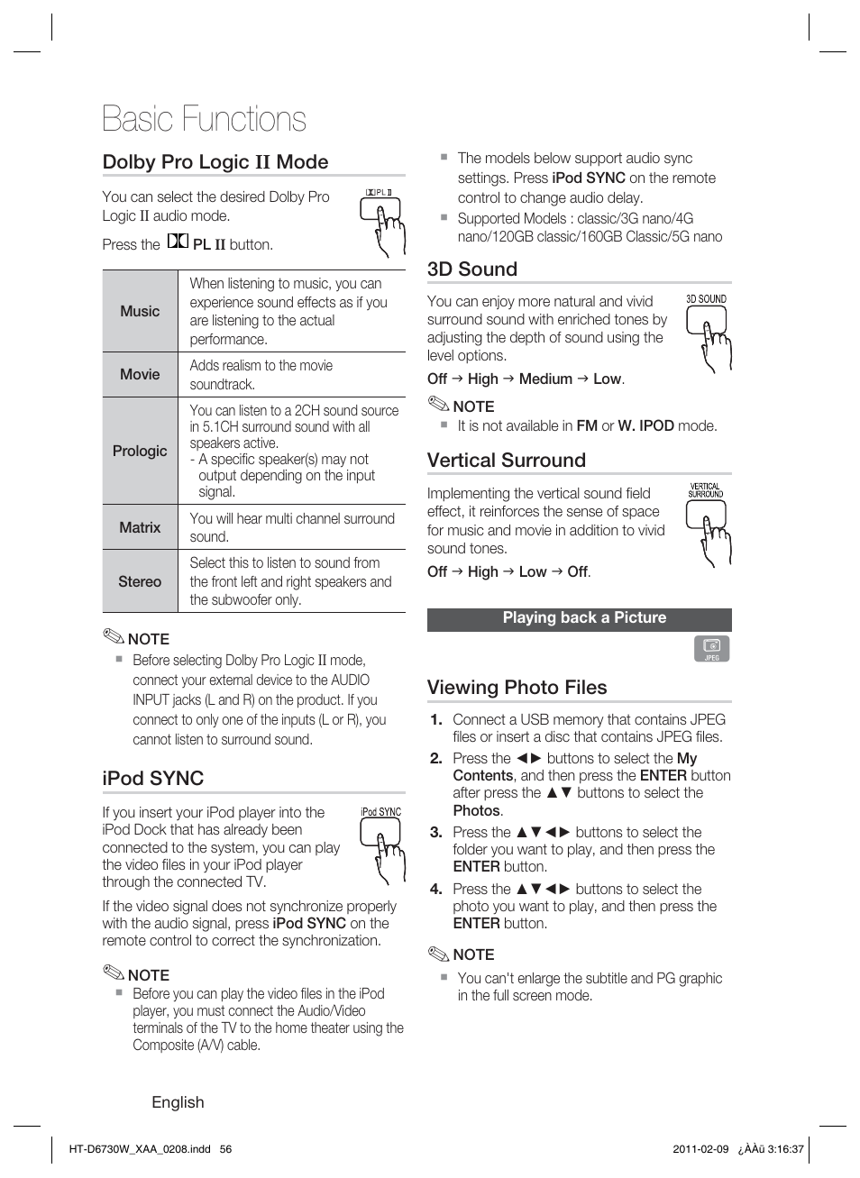 Playing back a picture, Basic functions | Samsung 7.1 CH BLU-RAY HT-D6730W User Manual | Page 56 / 80