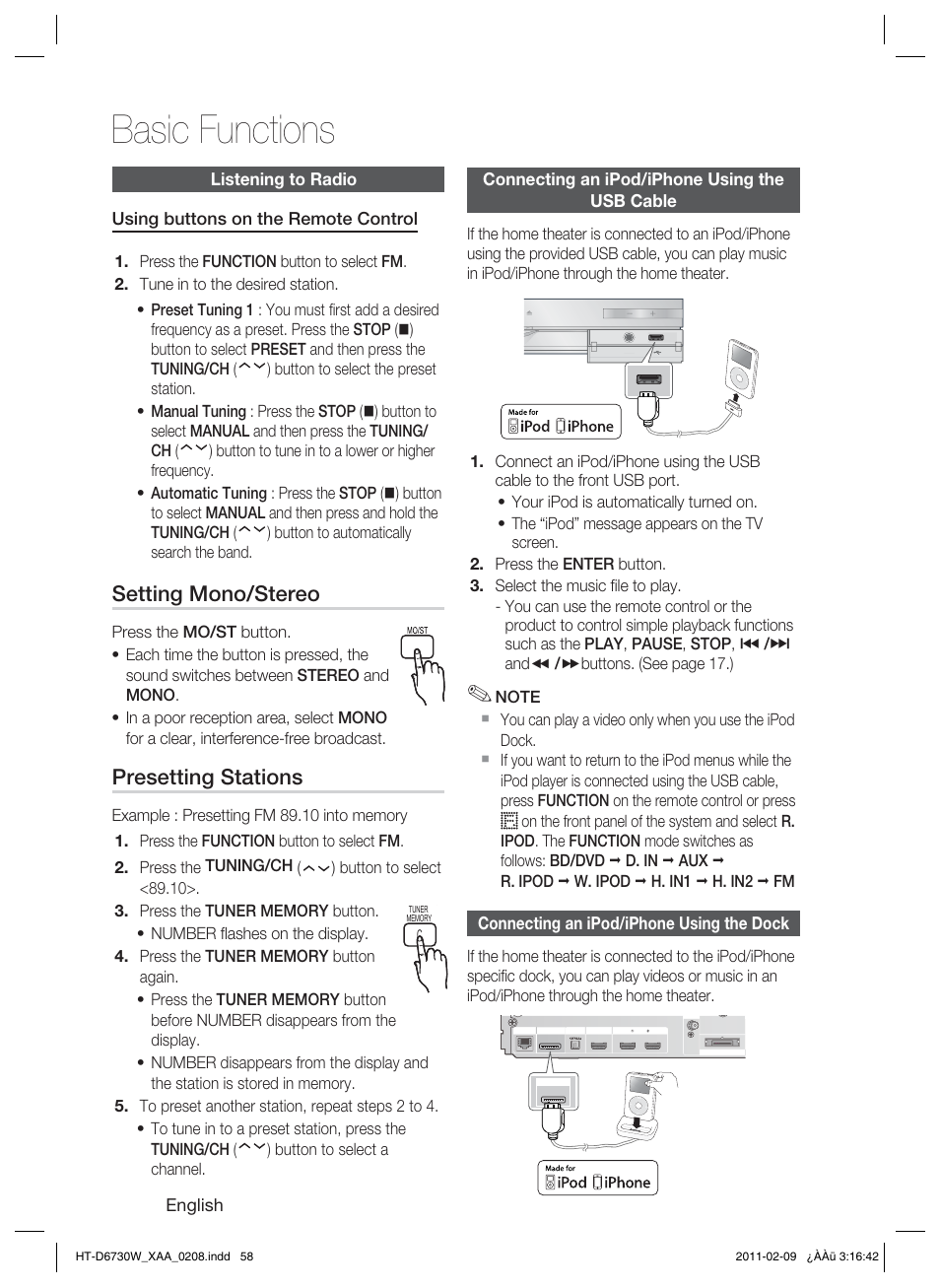 Listening to radio, Connecting an ipod/iphone, Basic functions | Setting mono/stereo, Presetting stations, English, Connecting an ipod/iphone using the usb cable, Connecting an ipod/iphone using the dock | Samsung 7.1 CH BLU-RAY HT-D6730W User Manual | Page 58 / 80