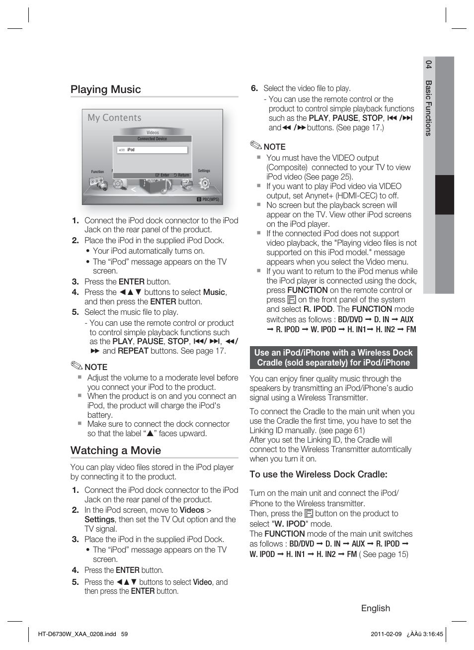 Playing music, Watching a movie | Samsung 7.1 CH BLU-RAY HT-D6730W User Manual | Page 59 / 80