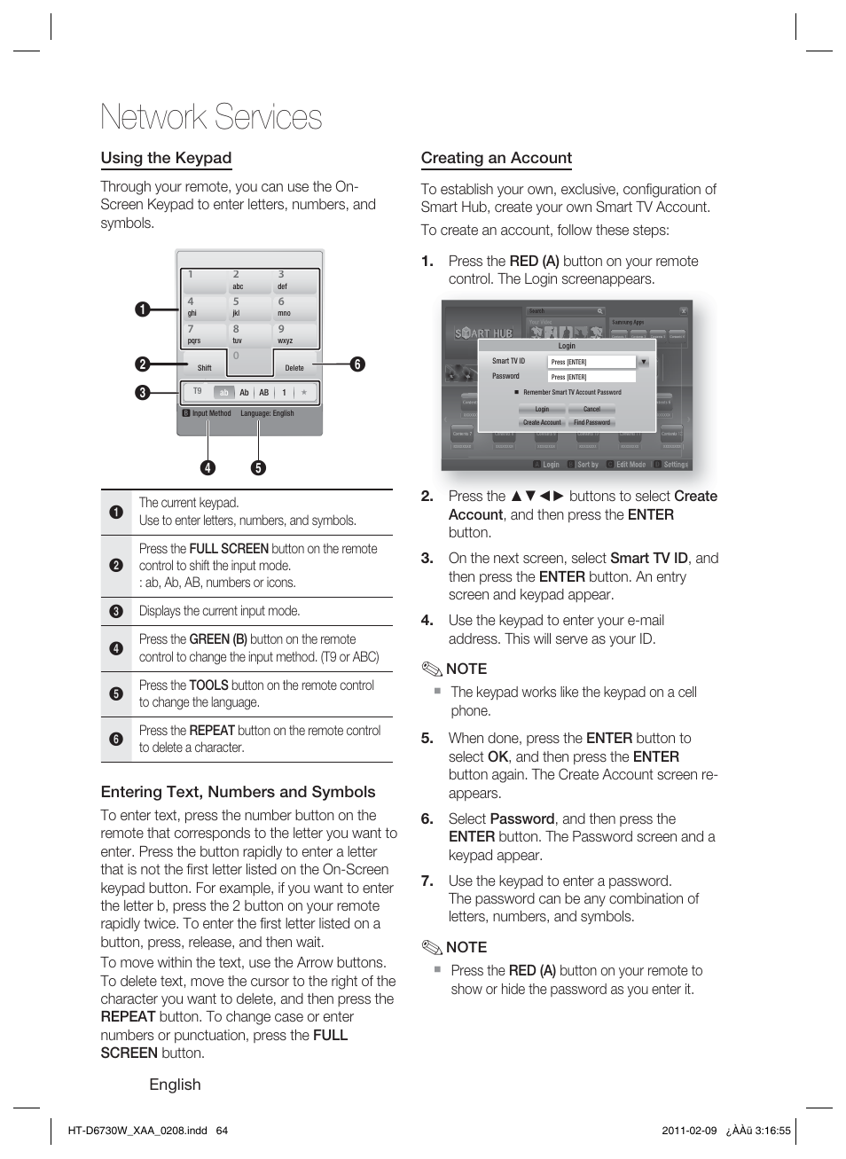 Network services, English, Using the keypad | Entering text, numbers and symbols, Creating an account | Samsung 7.1 CH BLU-RAY HT-D6730W User Manual | Page 64 / 80