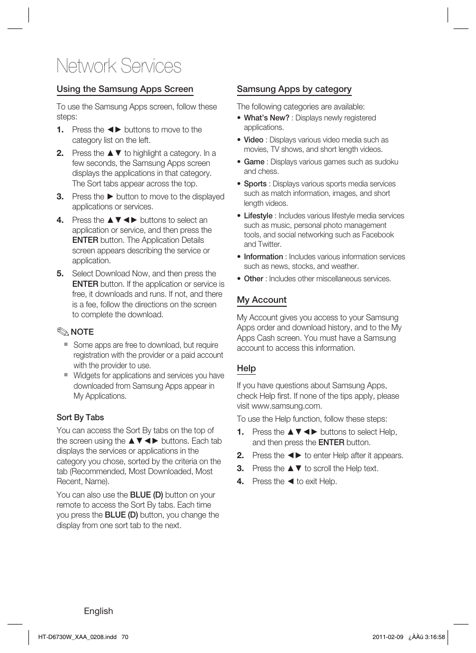 Network services | Samsung 7.1 CH BLU-RAY HT-D6730W User Manual | Page 70 / 80