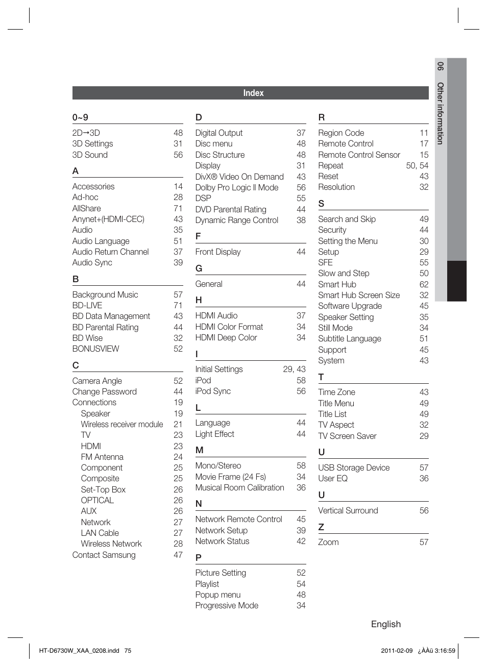 Index | Samsung 7.1 CH BLU-RAY HT-D6730W User Manual | Page 75 / 80