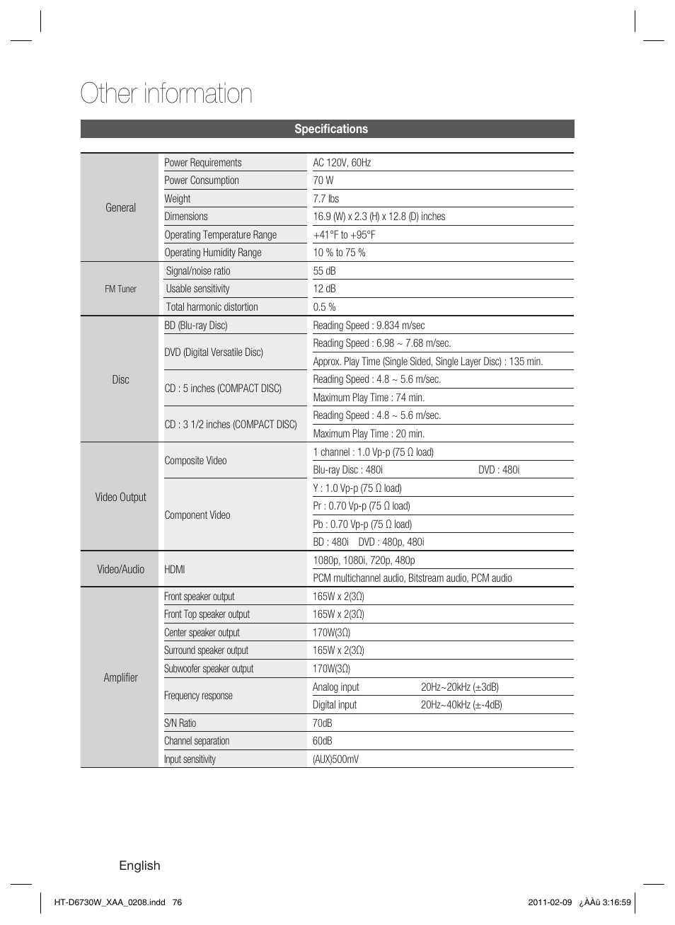 Specifi cations, Other information | Samsung 7.1 CH BLU-RAY HT-D6730W User Manual | Page 76 / 80