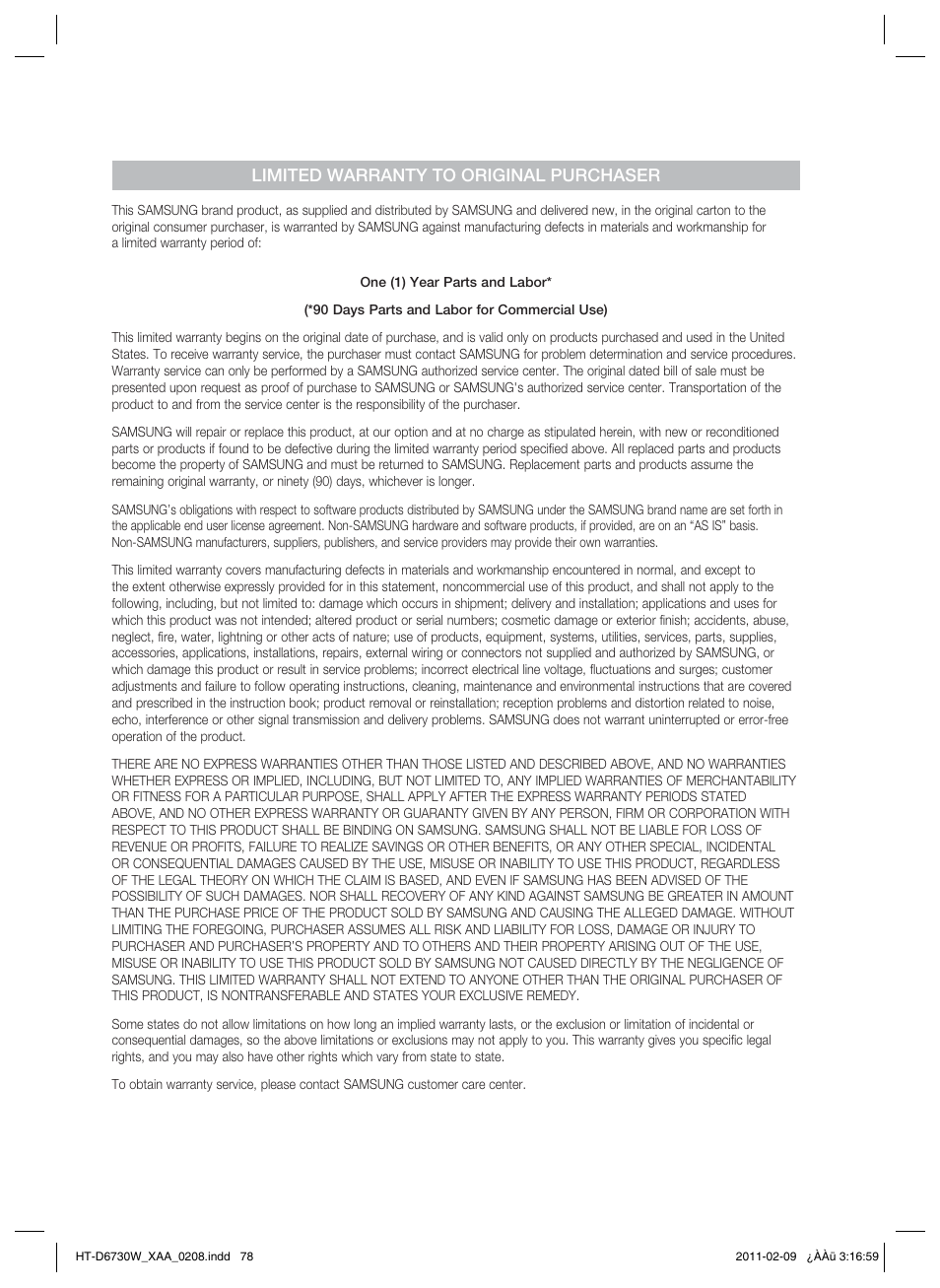 Limited warranty to original purchaser | Samsung 7.1 CH BLU-RAY HT-D6730W User Manual | Page 78 / 80