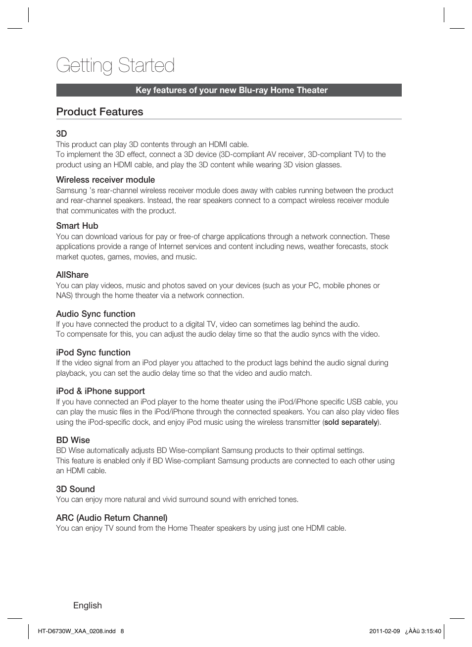 Getting started | Samsung 7.1 CH BLU-RAY HT-D6730W User Manual | Page 8 / 80