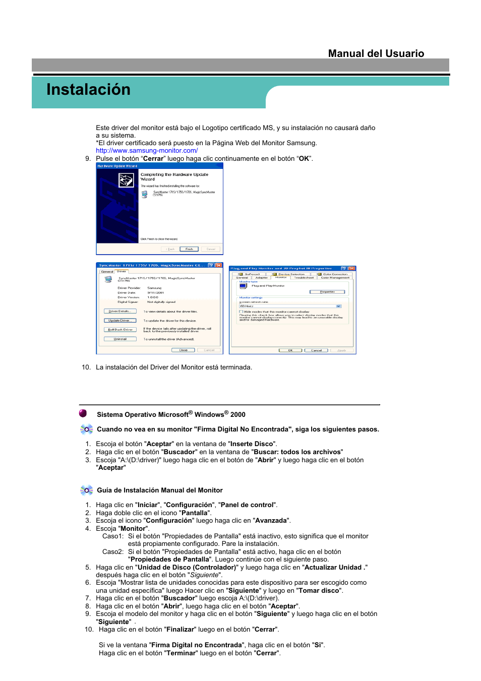 Instalación, Manual del usuario | Samsung 170S User Manual | Page 20 / 71