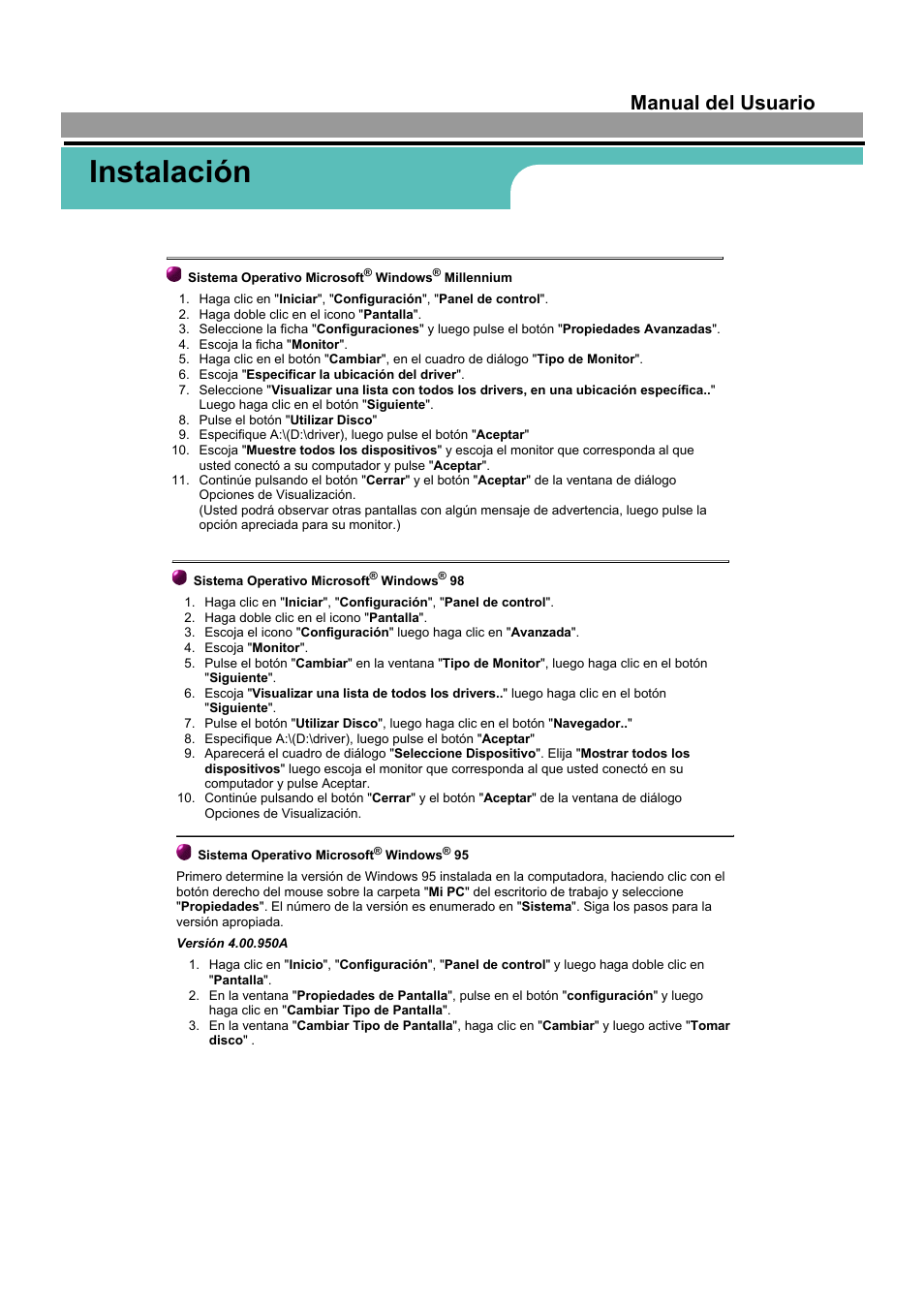 Instalación, Manual del usuario | Samsung 170S User Manual | Page 21 / 71