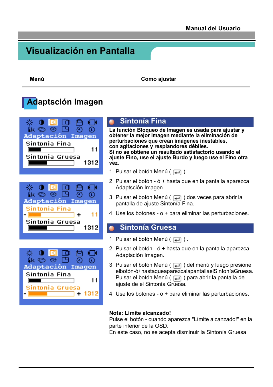 Visualización en pantalla, Adaptsción imagen, Sintonía fina sintonía gruesa | Samsung 170S User Manual | Page 27 / 71