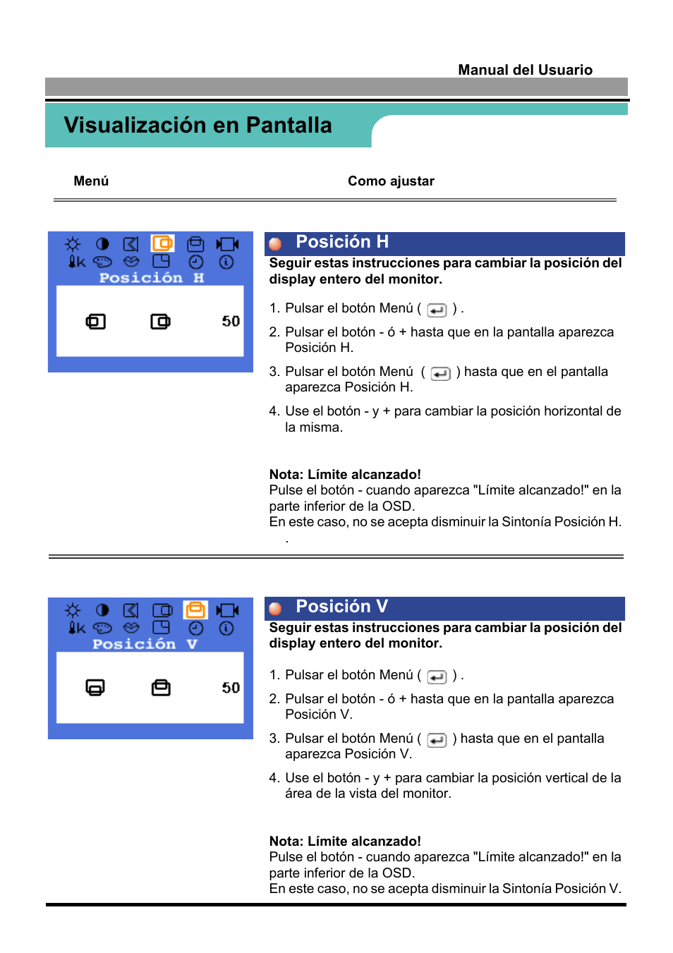 Visualización en pantalla, Posición h posición v | Samsung 170S User Manual | Page 28 / 71