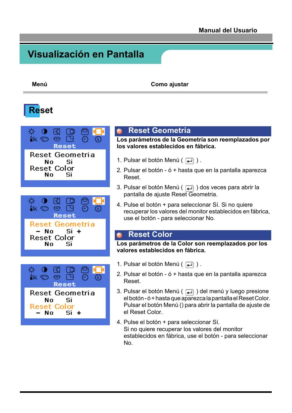 Visualización en pantalla, Reset, Reset geometria reset color | Samsung 170S User Manual | Page 29 / 71