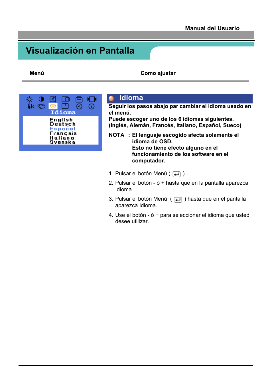 Visualización en pantalla, Idioma | Samsung 170S User Manual | Page 31 / 71