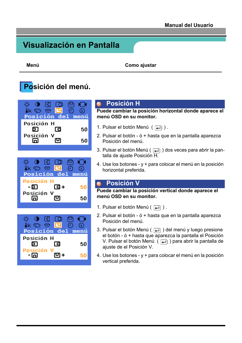 Visualización en pantalla, Posición del menú, Posición h posición v | Samsung 170S User Manual | Page 32 / 71