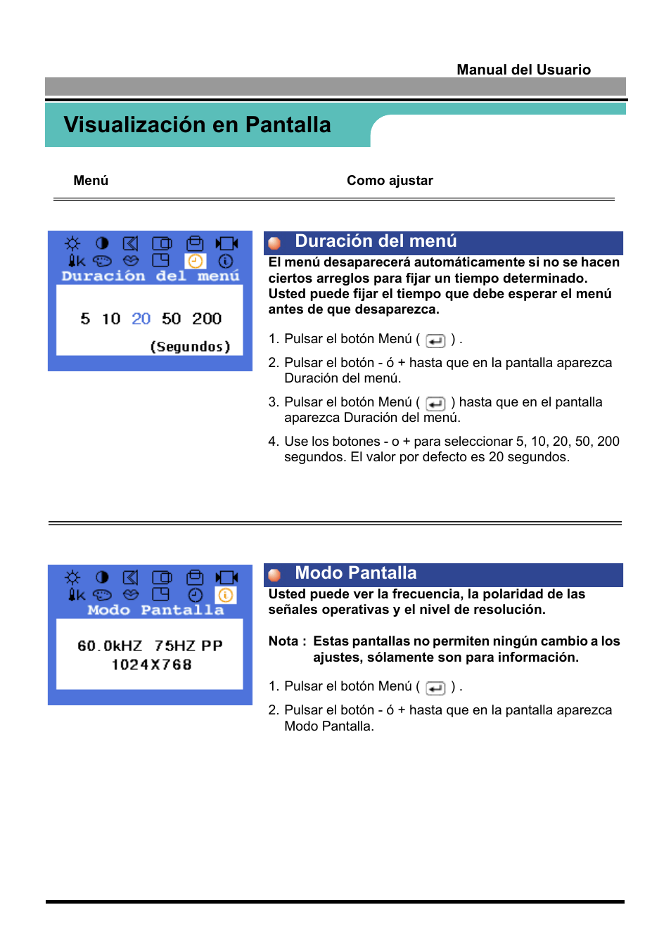 Visualización en pantalla, Duración del menú modo pantalla | Samsung 170S User Manual | Page 33 / 71