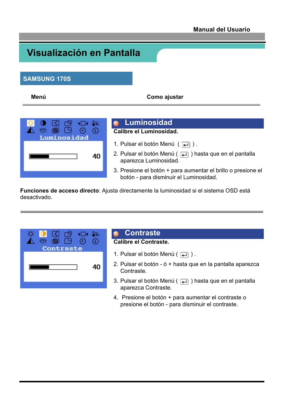 Visualización en pantalla, Luminosidad contraste | Samsung 170S User Manual | Page 35 / 71