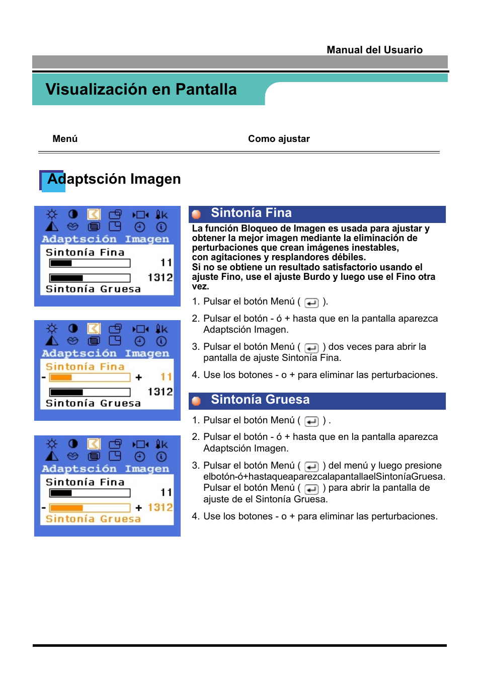 Visualización en pantalla, Adaptsción imagen, Sintonía fina sintonía gruesa | Samsung 170S User Manual | Page 36 / 71